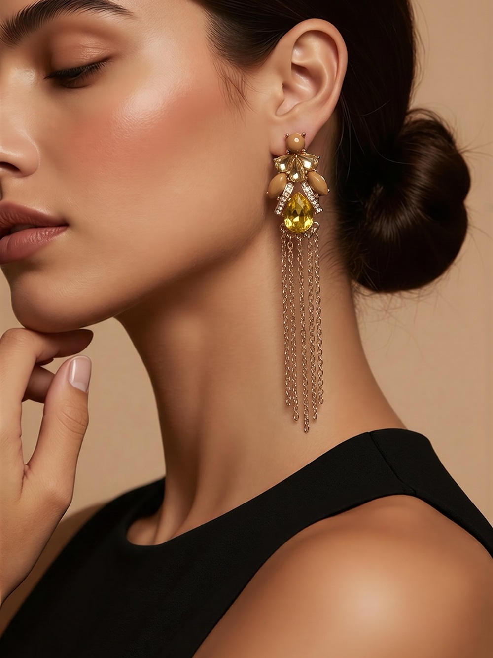 Gold Tassel Drop Earrings with Yellow Teardrop Gem